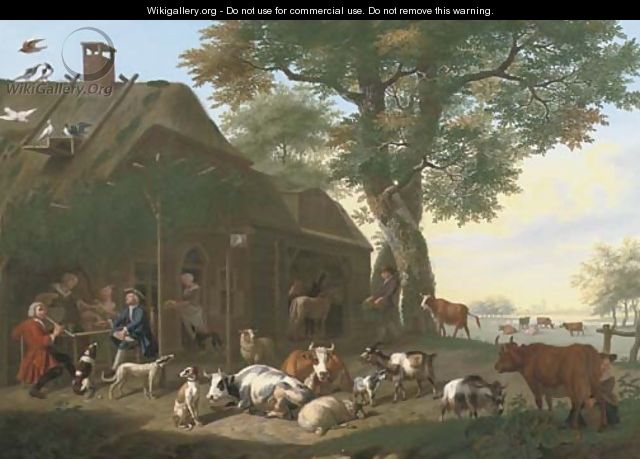 An elegant company by a tavern, with cows, sheep, goats and other animals - Jan van Gool