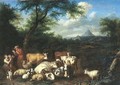 A wooded landscape with a herdsman and shepherdess resting with their flocks - Jan van Gool