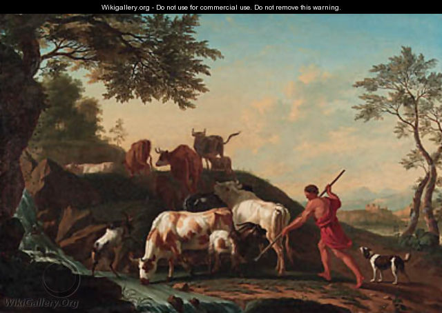 A herdsman with cattle and goats by a stream - Jan van Gool