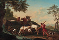 A herdsman with cattle and goats by a stream - Jan van Gool