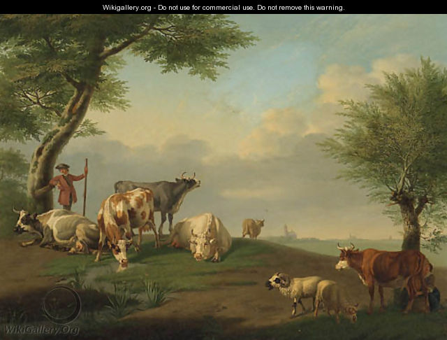 A Herdsman and Cattle with a Milkmaid in a River Landscape - Jan van Gool