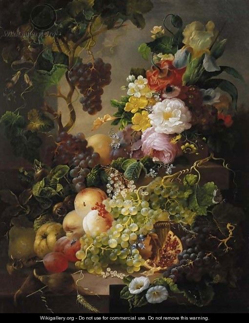 A still life with fruit and flowers amongst vines on a ledge - Jan Van Der Waarden