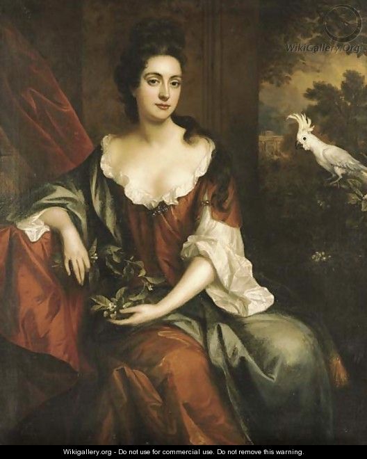 Portrait of a lady, three-quarter-length, seated in a brown dress with a blue cloak, holding orange blossom, by a red curtain with a white cockatoo - Jan van der Vaart