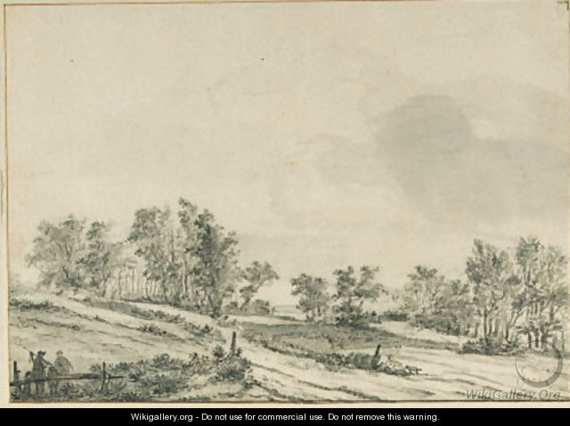 An wooded landscape with travellers by a fence - Jan van der Meer