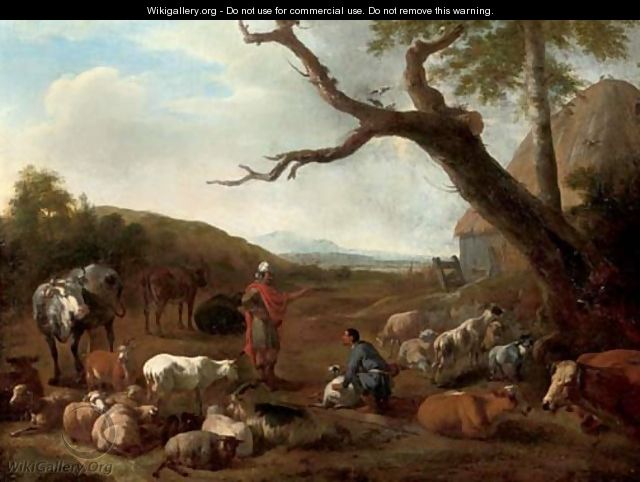 An Italianate wooded landscape with the departure of Jacob and Laban - Jan van der Meer