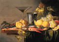 Crayfish and Prawns on a pewter Plate, a Beaker, a faon de Venise Wineglass, a Roll, a Knife, Lemons, Grapes, Cherries and other Fruit - Jan van den Hecke