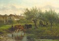 A cowherdess watering cows by willow trees - Jan Volijk