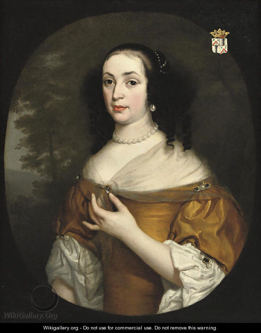 Portrait of Isabella Bellasis (died 1676), half-length, in a yellow dress and lace chemise, a landscape beyond, in a painted oval - Fredericus Jacobus Van Rossum Chattel