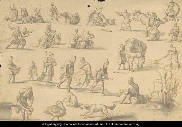 Studies of orientals spinning wool, smoking, horse coping, fishing, washing and in other postures - Jan Van Ravenswaay