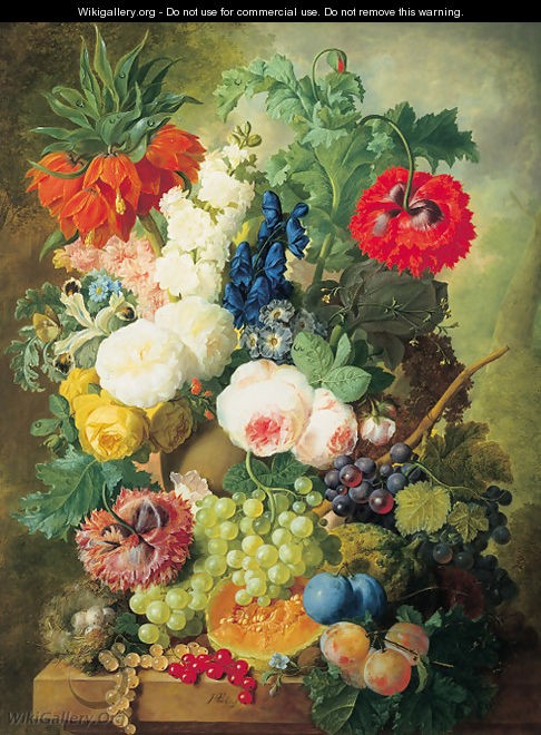 Roses, poppies, a crown imperial lily and other flowers in a terracotta vase, with grapes, plums, a melon and a birds