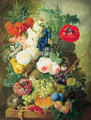 Roses, poppies, a crown imperial lily and other flowers in a terracotta vase, with grapes, plums, a melon and a birds' nest on a stone ledge - Jan van Os