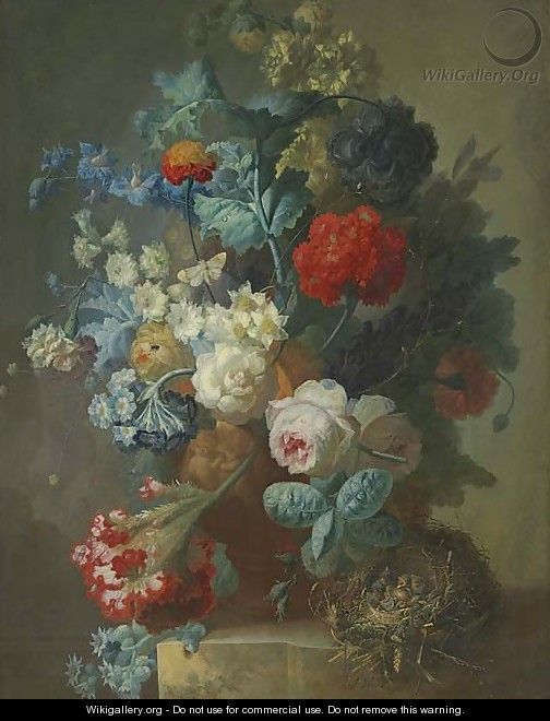 Roses, cineria, cockscombe, auricula, hops, hollyhocks, narcissi, helichrysum, geum and a carnation in a sculpted vase with chicks in a nest - Jan van Os