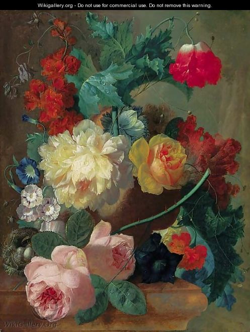 Roses, a poppy, bougainvillea, peonies, morning glory, primulas and a coxcomb in a terracotta vase with a bird