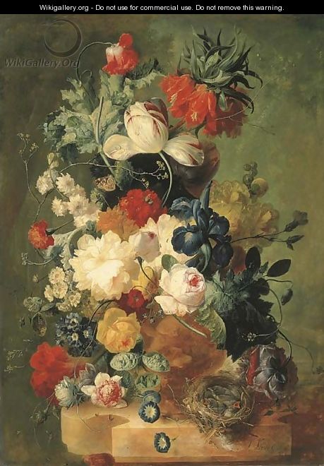 Pink and yellow roses, peonies, an iris, tulips, primulas, hyacinths, a poppy, a coxcomb, fritillaries and other flowers in a sculpted urn with a bird - Jan van Os