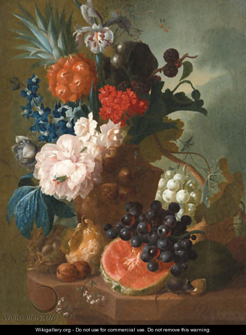A peony, an iris, a pineapple, blackberries, narcissi and other flowers in a terracotta vase, with a bird