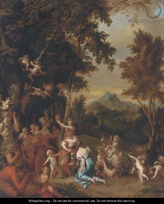 A bacchanal with nymphs, satyrs and putti before a herm - Jan van Neck