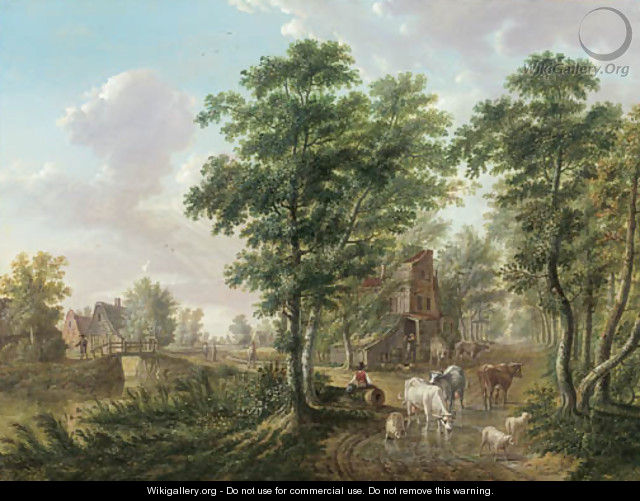 A peasant watering cattle near a farmhouse, in a wooded landscape - Jan Van Limmen