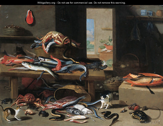 Cats chasing eel, octopus, crab falling from an upturned basket, with a crayfish, sturgeon and other fish on a table nearby - Jan van Kessel