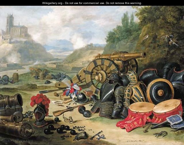 Weapons and accoutrements of war in a battlefield, a river and a church on a hill beyond - Jan van Kessel