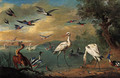 Two spoonbills, a heron, swans, moorhens, bullfinches, kingfishers, a swallow and other birds in a coastal landscape - Jan van Kessel