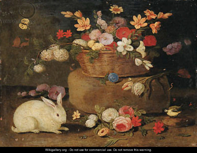 Roses, dahlias, paeonies, tulips and other flowers in a basket on a stone seat, with a white rabbit, a great tit and a butterfly - Jan van Kessel