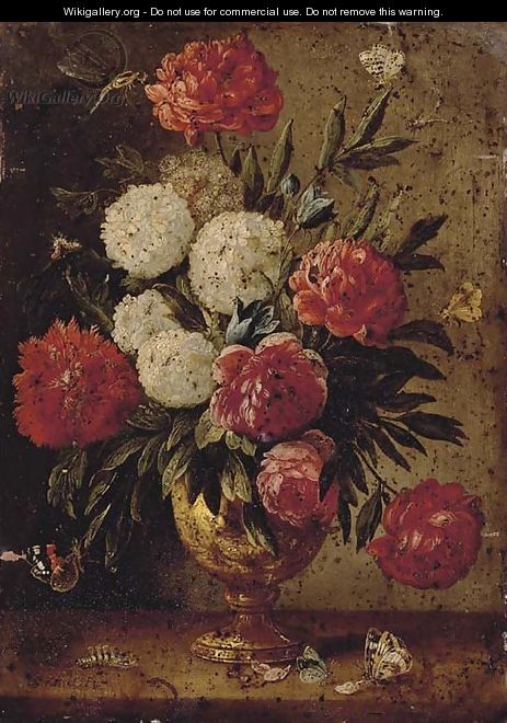 Roses, carnations, morning-glory and other flowers with ants in a gold sculpted urn, with a caterpillar and butterflies on a wooden ledge - Jan van Kessel
