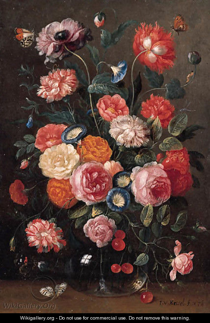 Roses, carnations, morning glory, a poppy and a sprig of cherries in a glass vase, a wall brown, an orange tip - Jan van Kessel