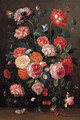 Roses, carnations, morning glory, a poppy and a sprig of cherries in a glass vase, a wall brown, an orange tip - Jan van Kessel