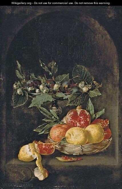 Plums and hazelnuts on a tazza, with lemons, oranges and a pomegranate in a basket on a table, with a partly-peeled lemon and a pomegranate segment - Jan van Kessel