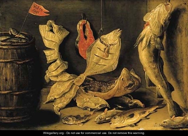 Plaice, skate and other fish beside a barrel - Jan van Kessel