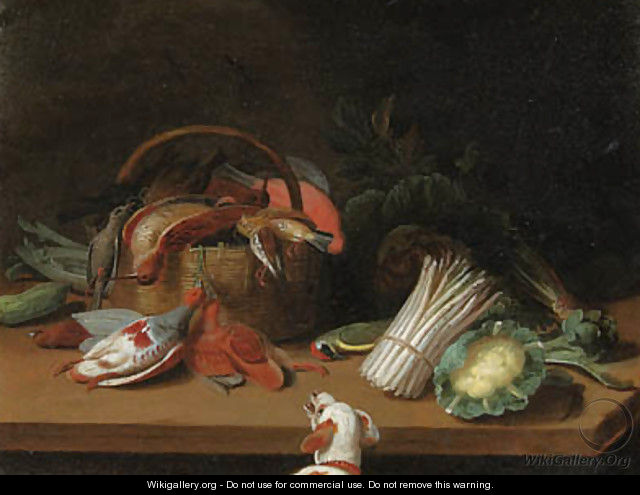 Partridges, a Woodcock, Thrushes, a Starling and other Birds in a Basket with a Woodpecker, a Cabbage, a Cauliflower, a Bunch of Asparagus - Jan van Kessel
