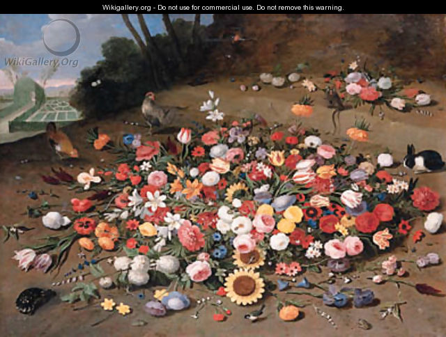Parrot tulips, roses, sunflowers, lilies, dahlias, poppies, cornflowers, narcissi, daffodils, irises and other flowers, with chickens, a tortoise - Jan van Kessel