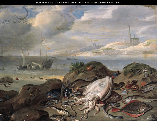 Cuttle-fish, plaice, cod, oysters, mussels and other fish on a dune, a river estuary with shipping beyond - Jan van Kessel