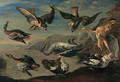 Birds of prey attacking herons and ducks by a pond - Jan van Kessel