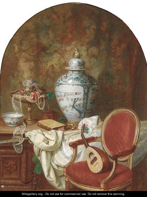 An oriental urn and other decorative objects on an oak coffer beside a mandolin on a chair - Jean Alexandre Remy Couder