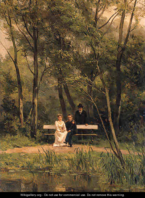 An elegant couple seated on a bench in a park with an attendent standing nearby - Jan Willem Van Borselen