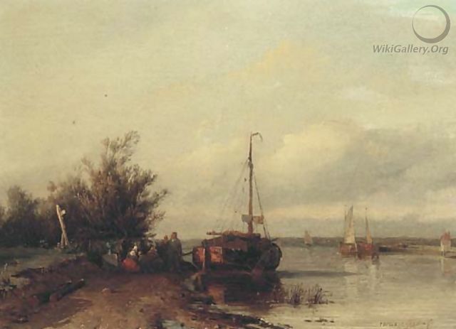 Figures resting on a riverbank by a moored sailing vessel - Jan Weissenbruch
