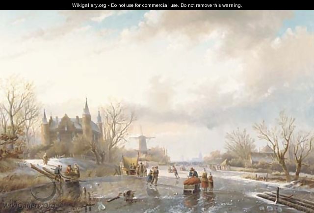 Skaters and figures by a koek en zopie on a sunny day, a castle nearby - Jan Jacob Spohler