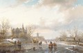 Skaters and figures by a koek en zopie on a sunny day, a castle nearby - Jan Jacob Spohler