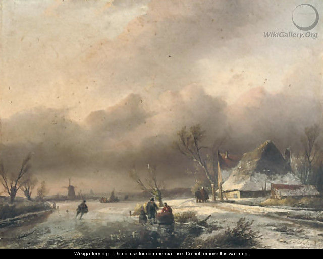 A Dutch winter landscape with villagers on the ice - Jan Jacob Spohler