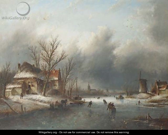 Skaters on a frozen river, a town in the distance - Jan Jacob Coenraad Spohler