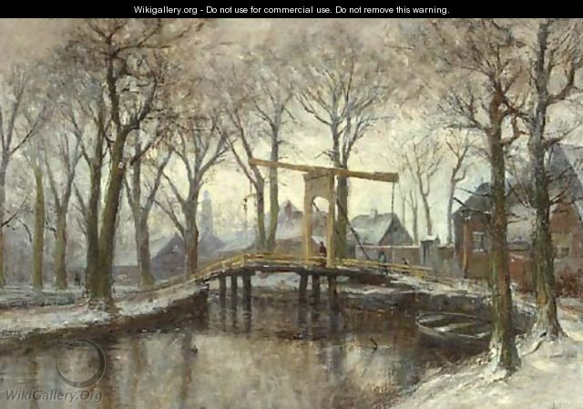 Figures on a drawbridge in winter by a village - Jan Hillebrand Wijsmuller