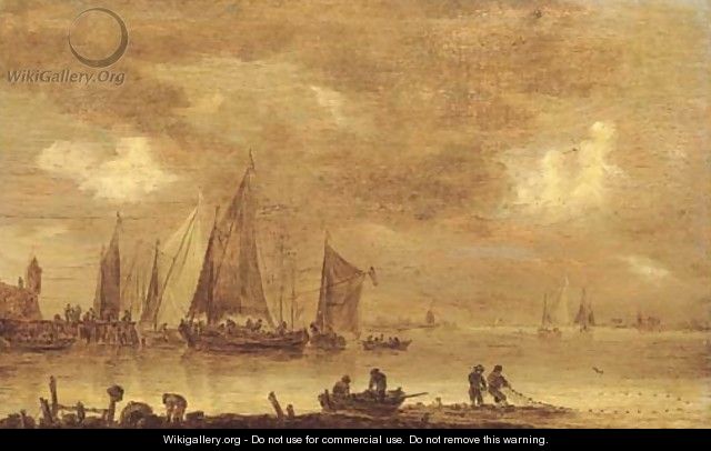 An estuarine landscape with fishermen drawing in nets in the foreground, boats by a jetty beyond - Jan van Goyen