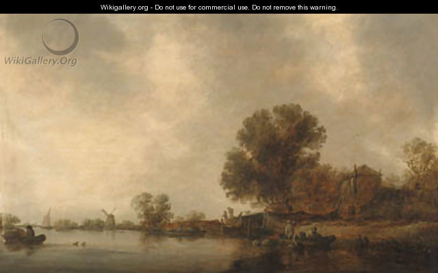 A wooded river landscape with fishermen in a boat checking creels before a bridge - Jan van Goyen