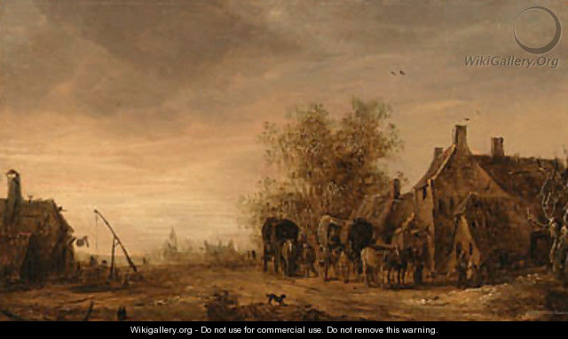 A view of the village of Renkum, with travellers in wagons resting on the roadside by an inn, the church beyond - Jan van Goyen