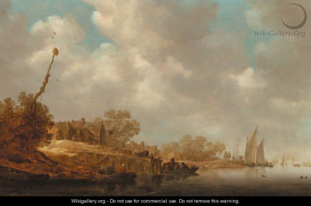 A river landscape with fishermen in boats and a ferry by a village jetty - Jan van Goyen