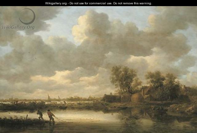 A river landscape with fishermen drawing in their nets near a village - Jan van Goyen