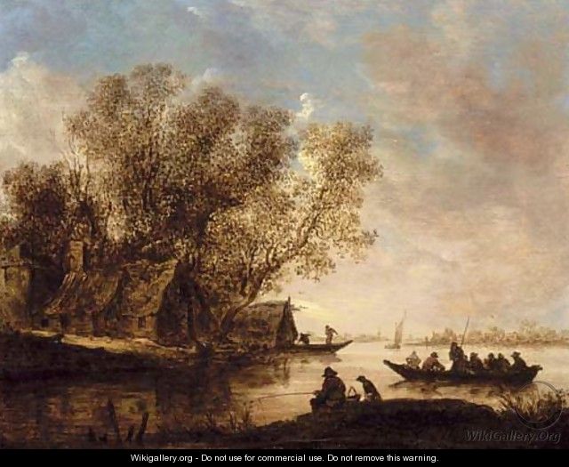 A river landscape with fishermen and a cottage on the bank - Jan van Goyen