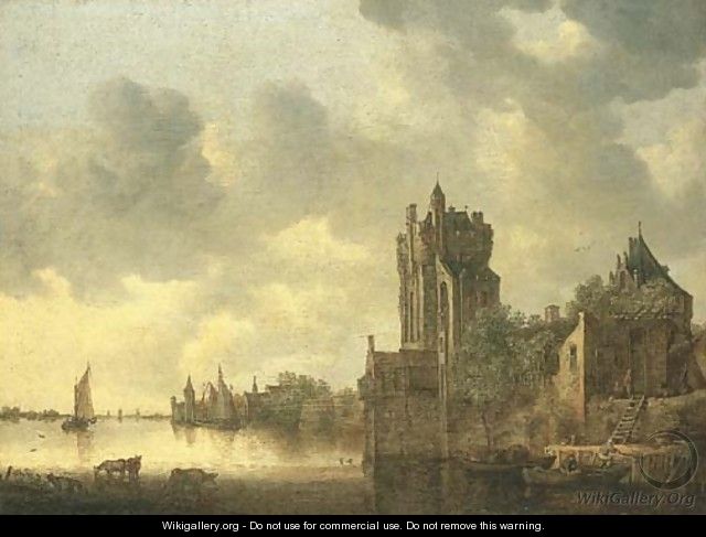 A river landscape with cows watering by a fortified tower - Jan van Goyen