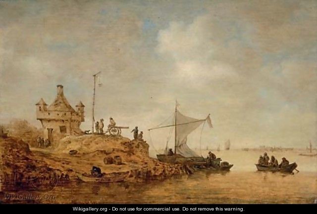 A river landscape with a ferry crossing and peasants by a cannon - Jan van Goyen